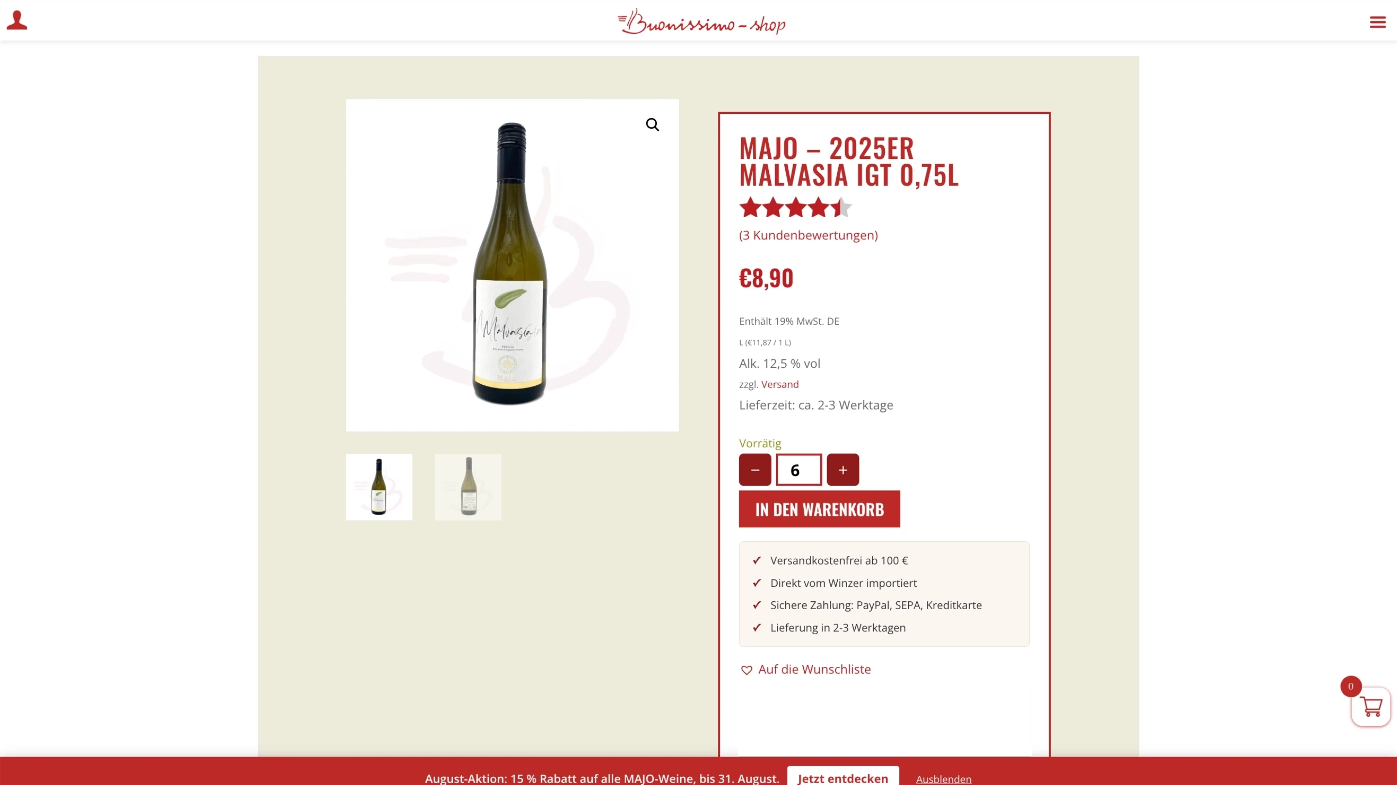 Produktseite des alten Buonissimo-Shops – Desktop