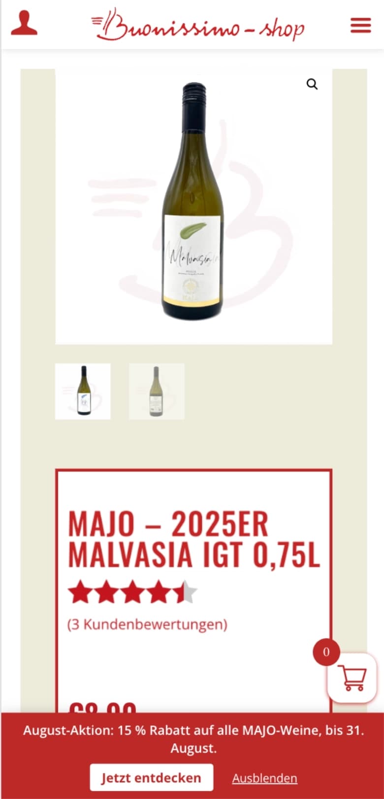Produktseite des alten Buonissimo-Shops – Mobil