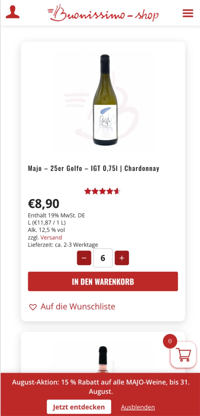 Startseite des alten Buonissimo-Shops – Mobil