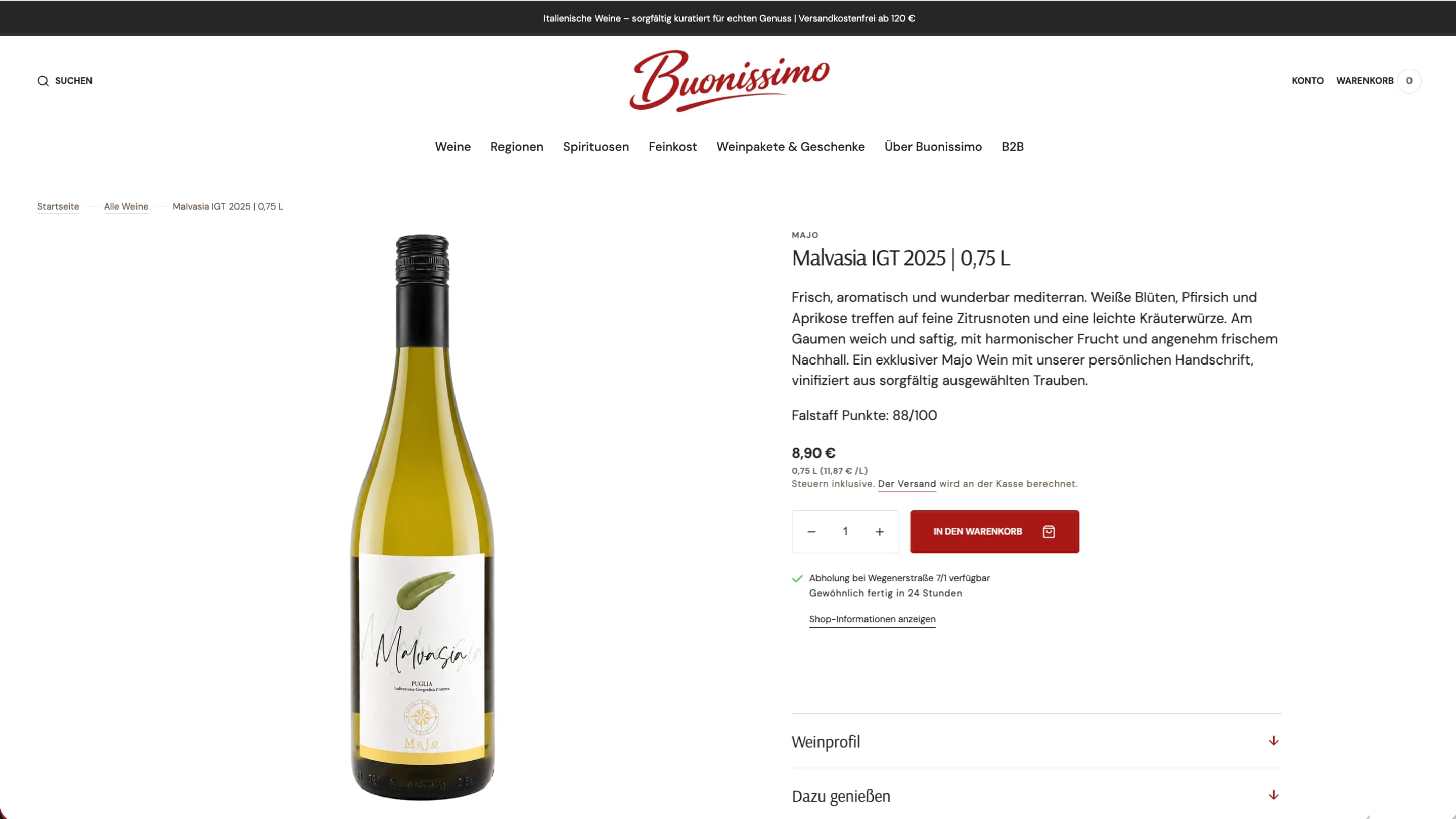 Produktseite des neuen Buonissimo-Shops auf Shopify – Desktop