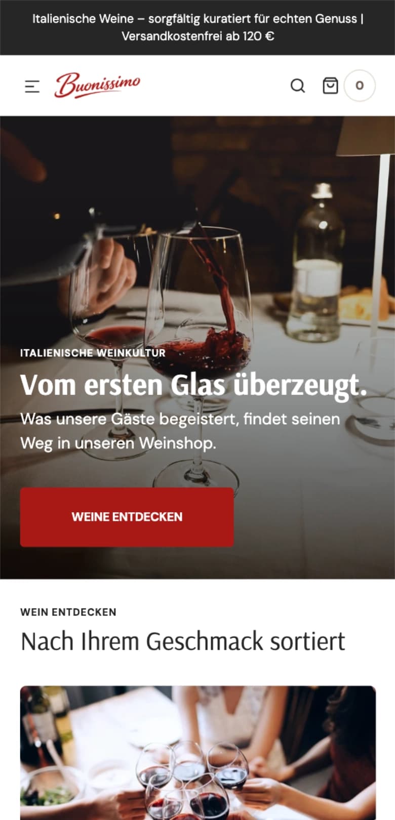 Startseite des neuen Buonissimo-Shops auf Shopify – Mobil