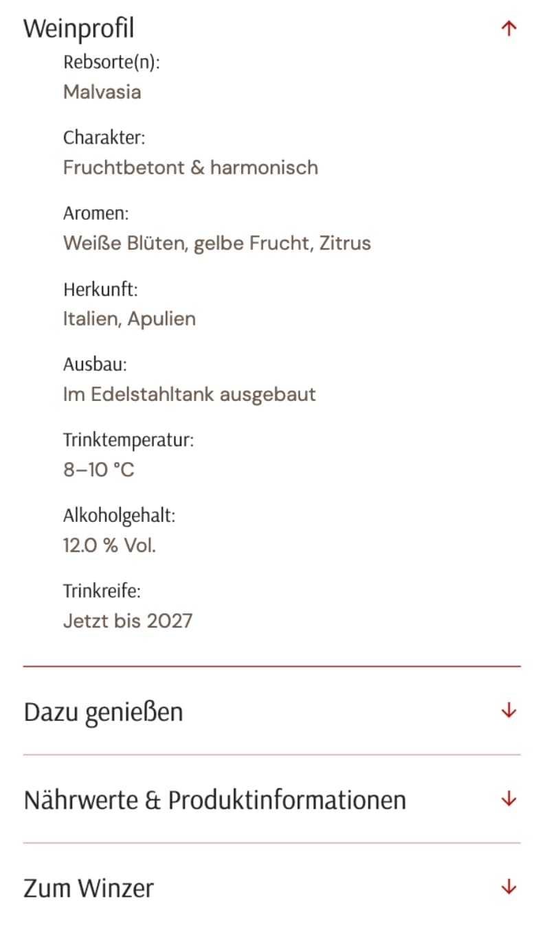 Weinprofil mit vier strukturierten Aufklappern