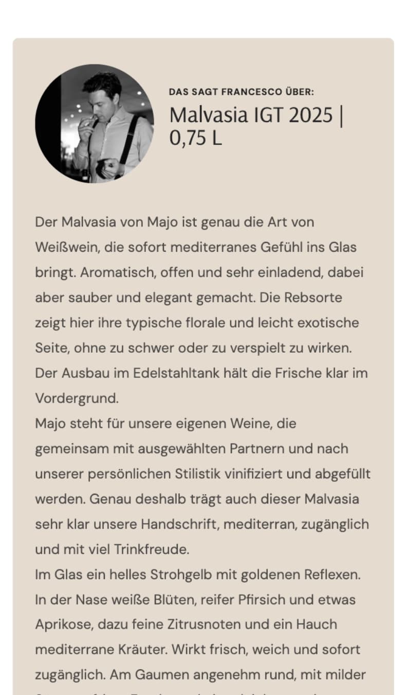 Persönliche Empfehlung des Inhabers auf der Produktseite